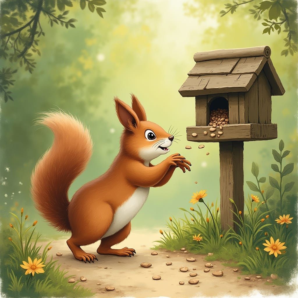 Whimsical Squirrel Steals Seed from Bird Feeder