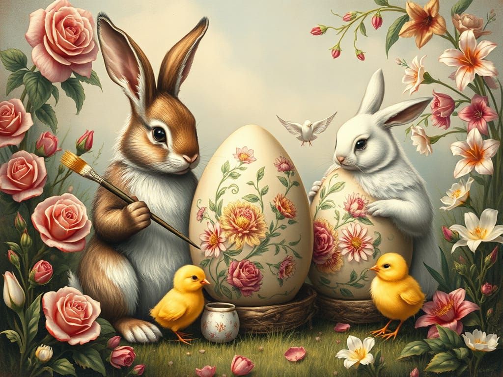 Whimsical Easter Painting with Bunnies and Chicks