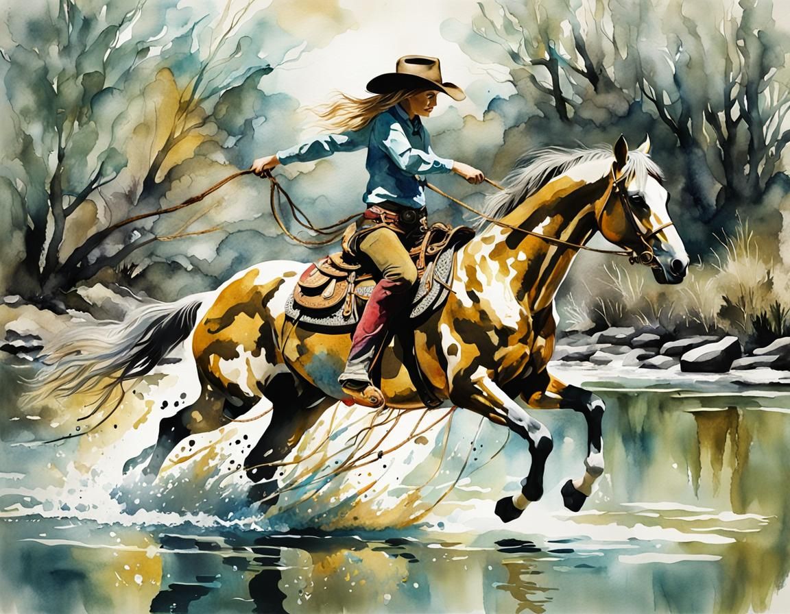 Cowgirl on Golden Horse Watercolor Inkcore Masterpiece