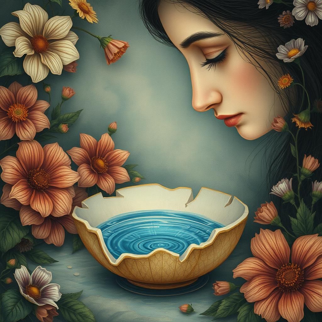 Surreal Beauty: Woman in Broken Bowl Reflection