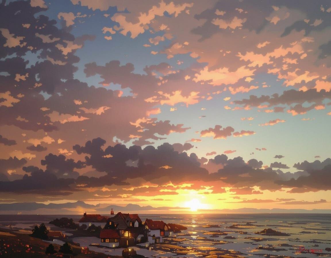 Idyllic Cottage Sunset Landscape Painting