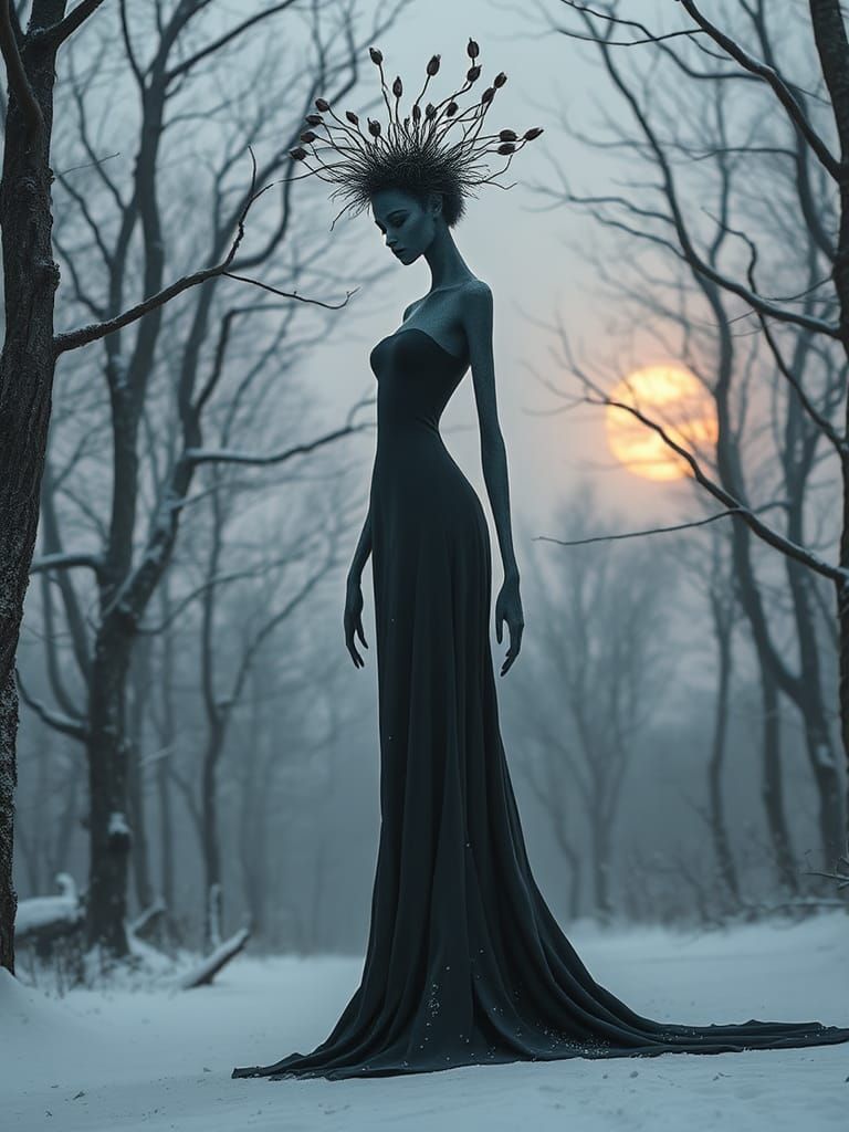 Ethereal Forest Entity in Wintry Landscape