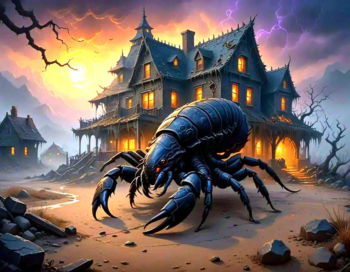 Colossal Scorpion Carries Haunted House in Dark Fantasy