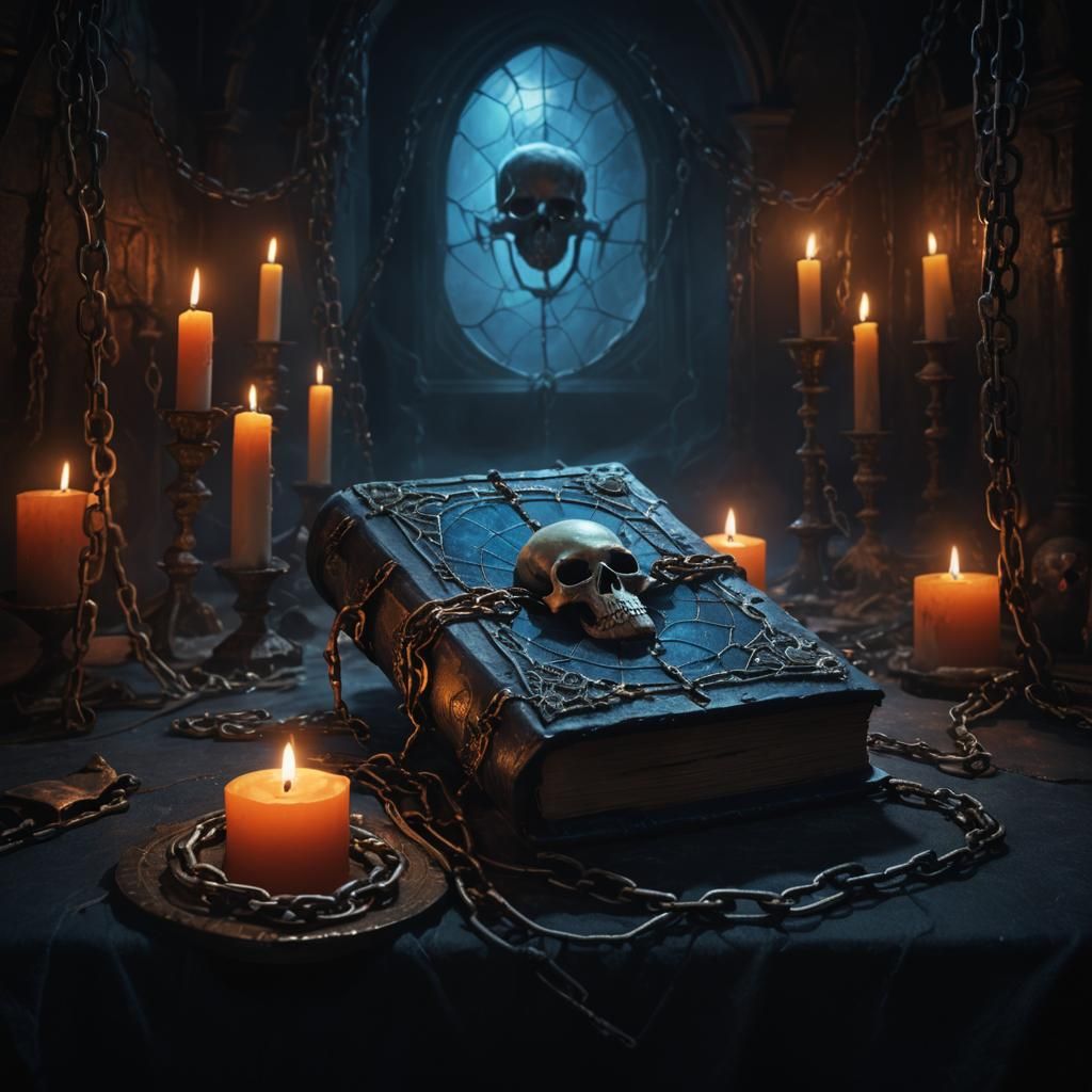 Eerie Grimoire with Ghost Skull, Dark Fantasy Art