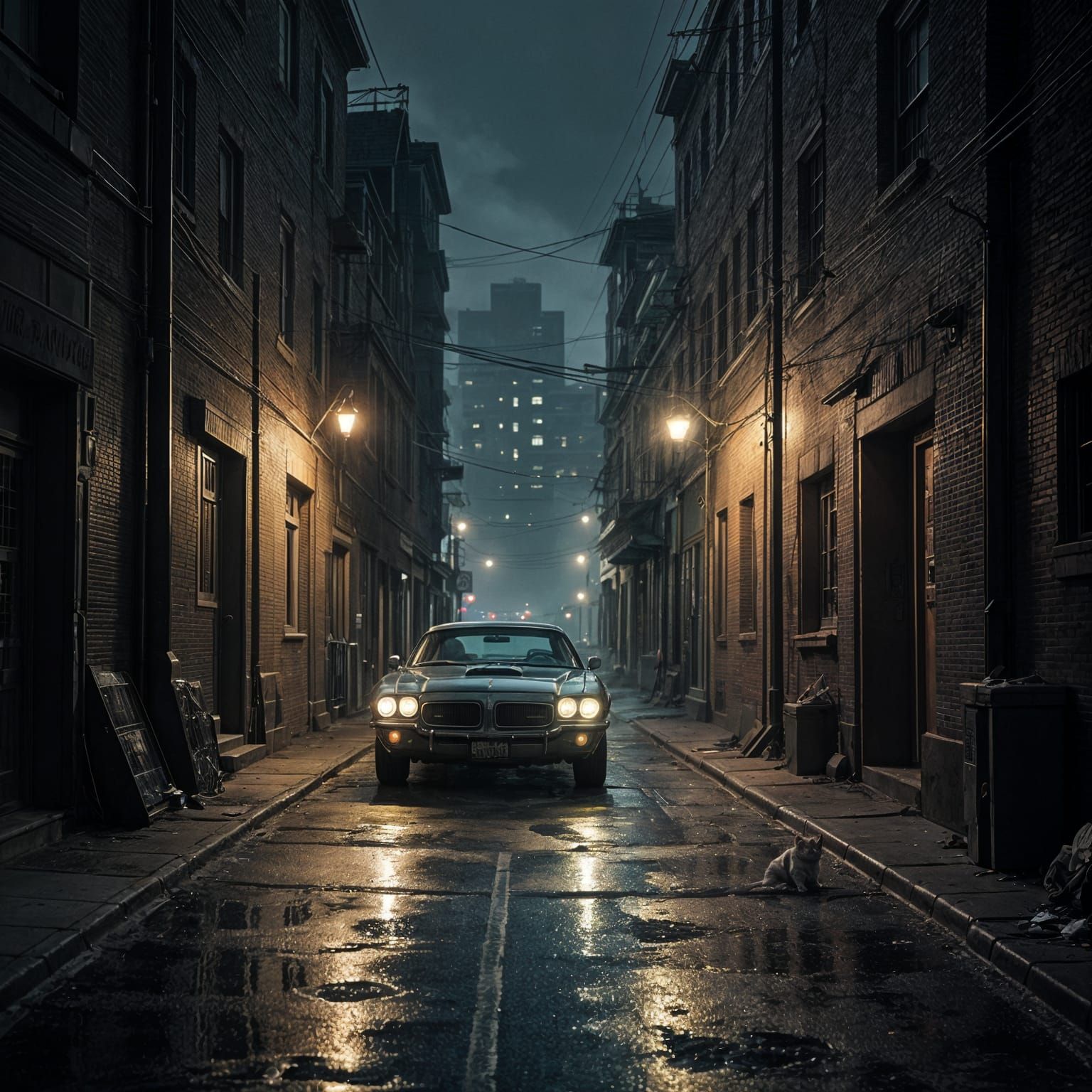 Creepy Nighttime Scene of a Trans-Am Firebird in a Dark Alle...