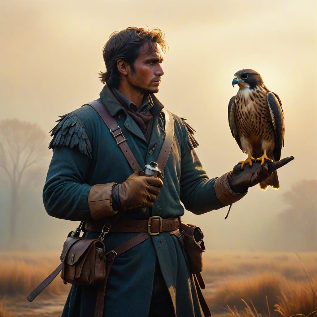 Falconer with Falcon in Misty Golden Light