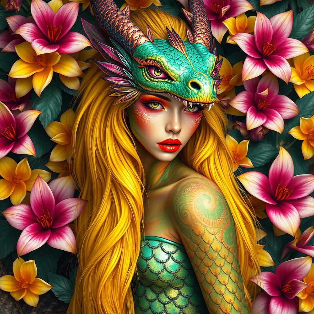 Kaleidoscopic Dragon-Mermaid Woman in Lush Floral Setting