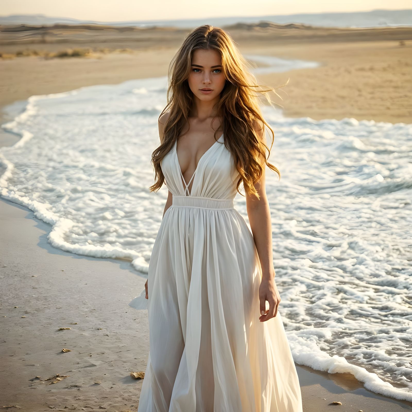 Ethereal Woman on Windswept Beach in Tonalist Style