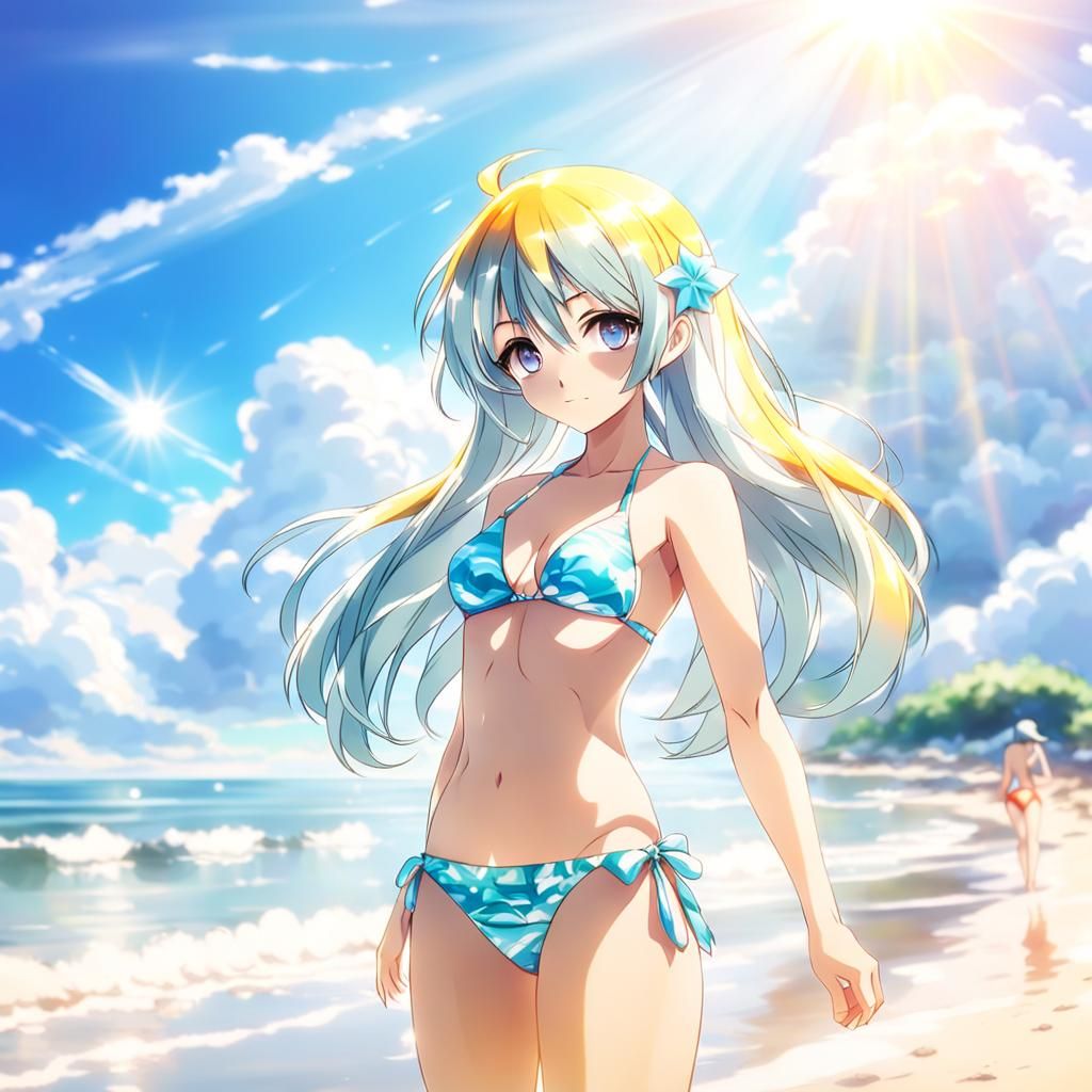 Anime Woman on Beach in Soft Sunshine