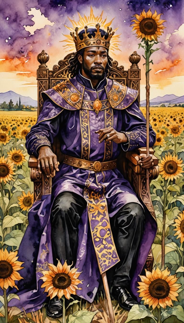 Watercolor King on Throne with Sunflower Field