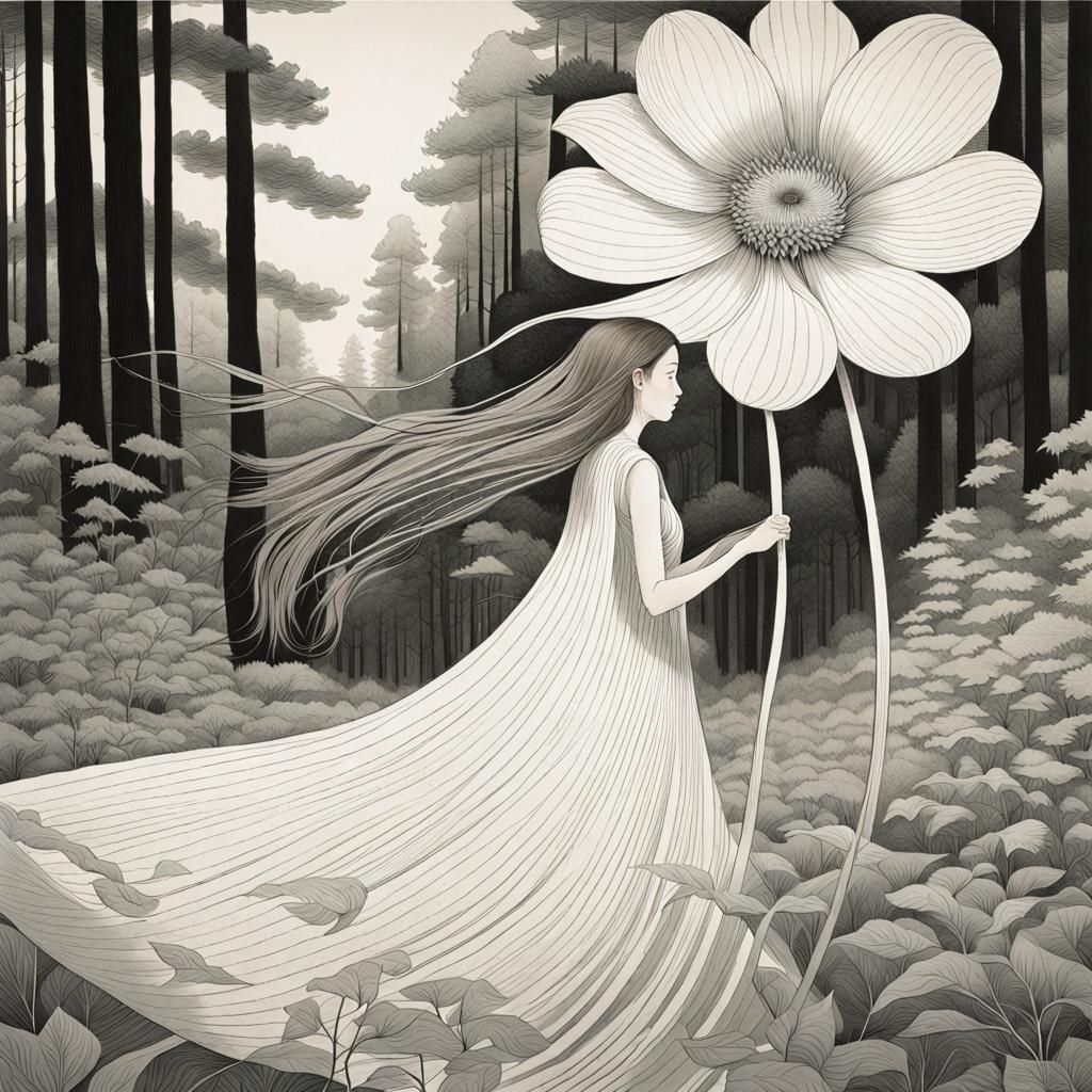 Elegant Woman with Flower in Etching Style