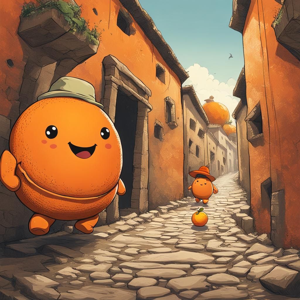 A chubby orange wearing a hat, walking down an ancient alley