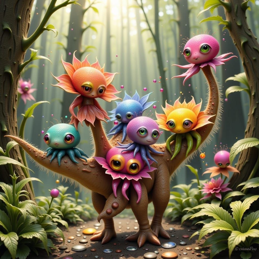 Whimsical Baby Spider-Octopi Play with Friendly Dinosaurs in...