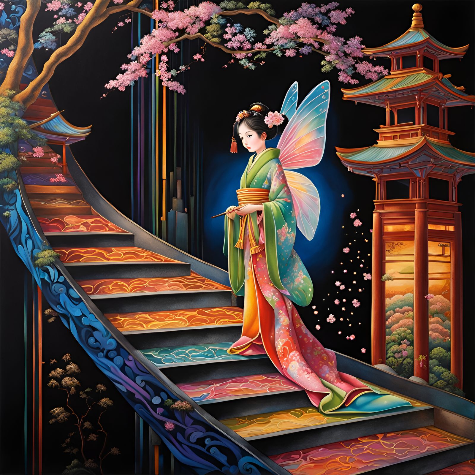 Little Japanese fairy  painted in bright prismatic colors