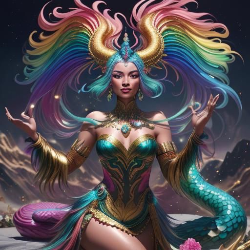 Rainbow Dragon Woman Dancing on Crystal Mountain
