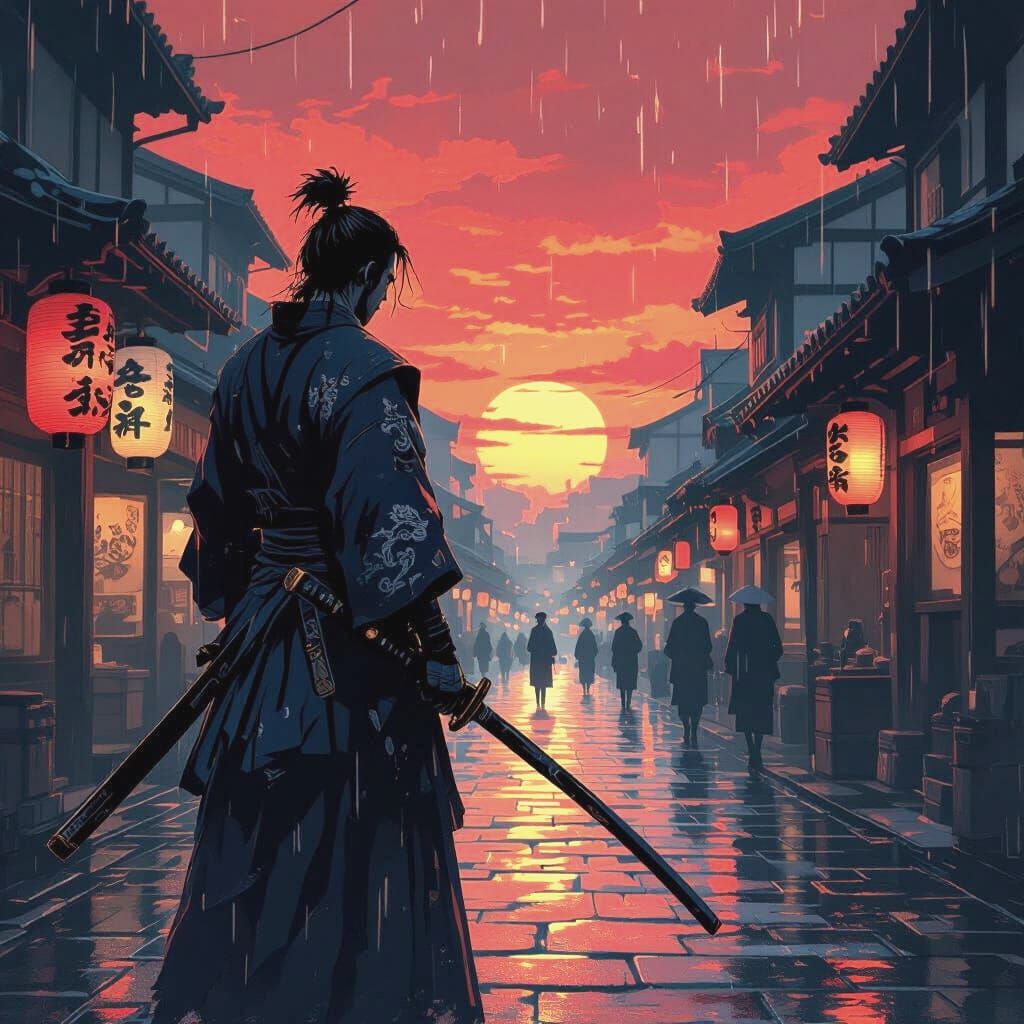 Samurai Silhouette at Sunset in Edo Marketplace