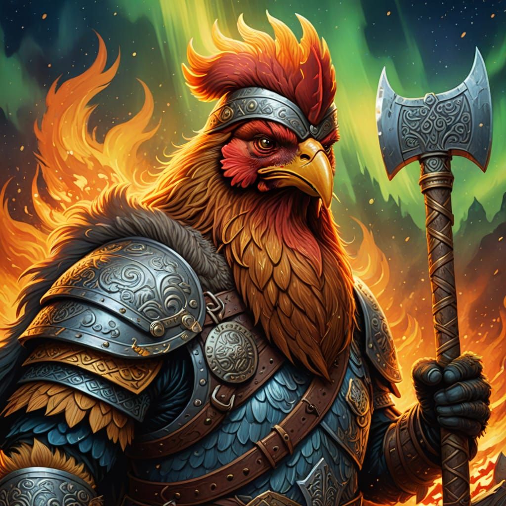 Grumpy Chicken Viking Wields Axe in Nordic Folk Art
