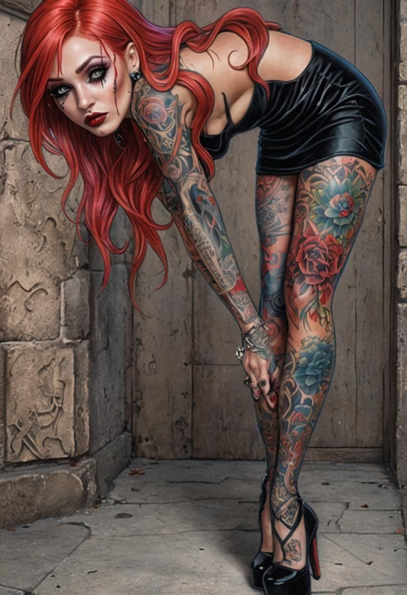 Gothic Woman with Tattoos and Piercing in Multichromatic Col...