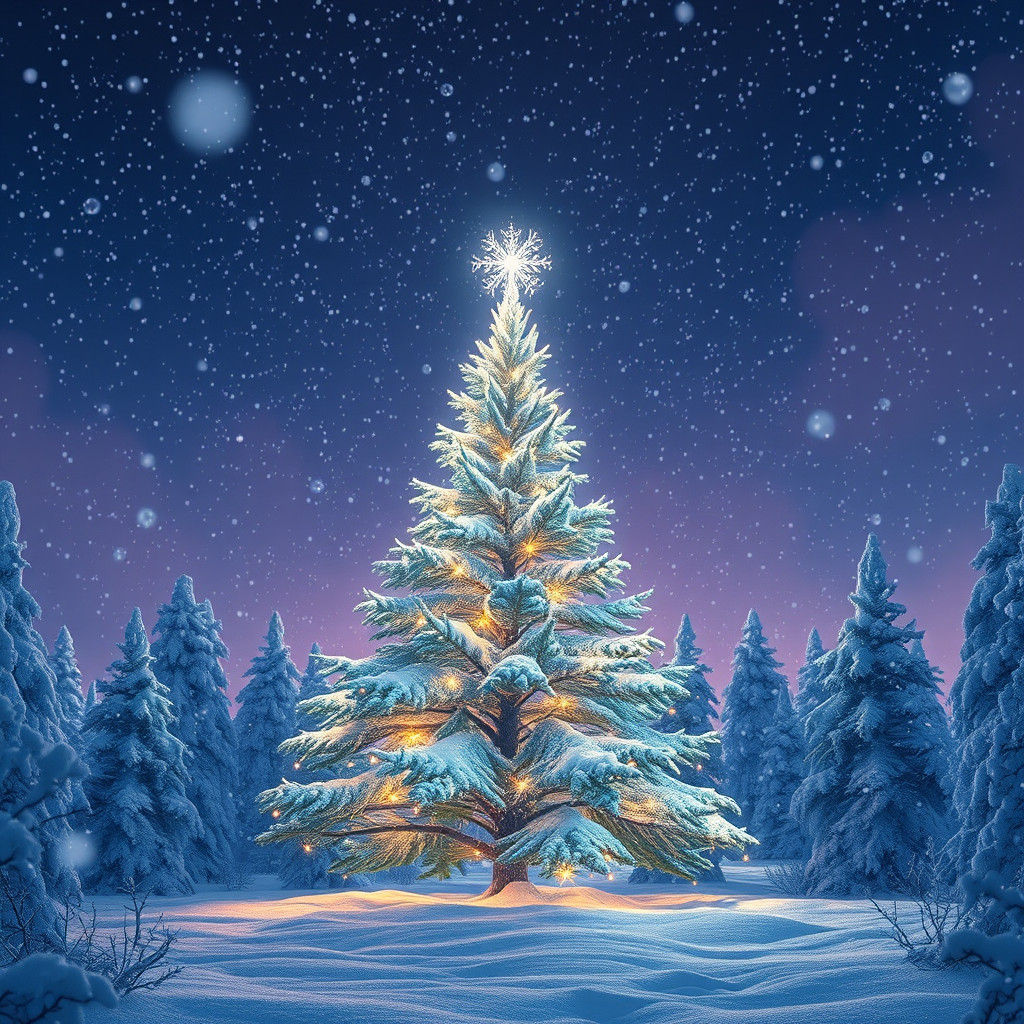 Glowing Christmas Tree in Winter Wonderland Scene