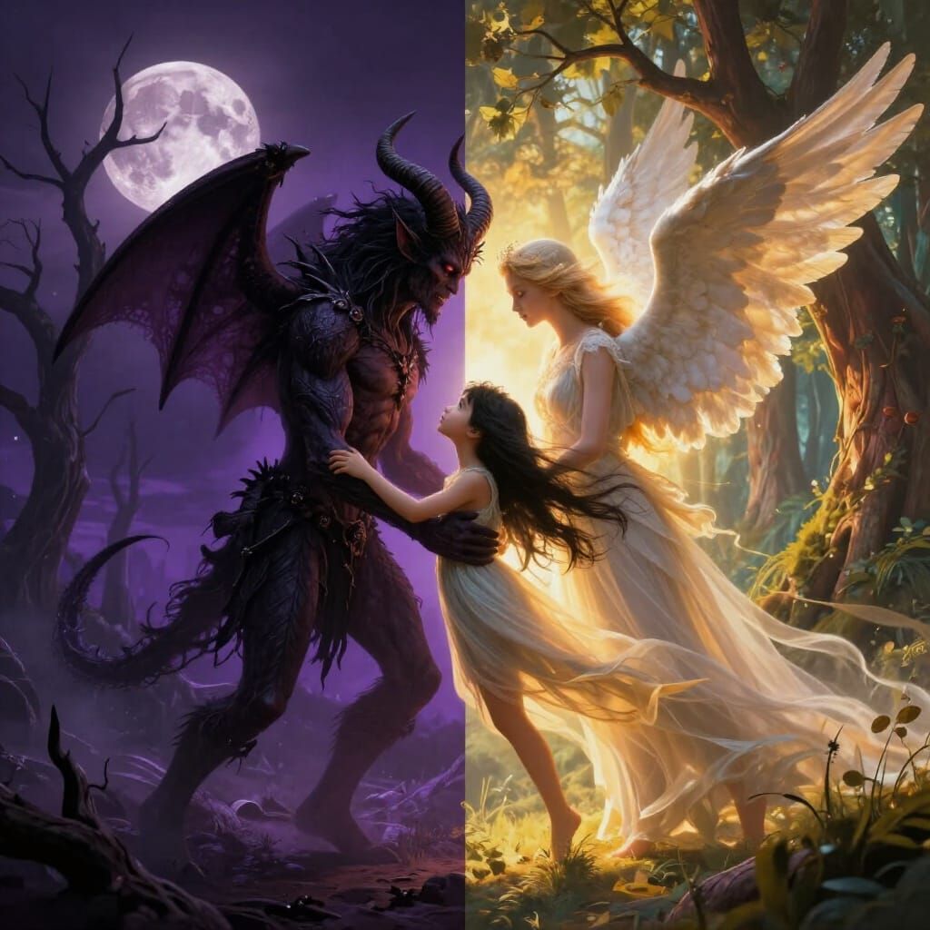 Angel and Demon Embrace Ethereal Girl in Dark Fantasy Art