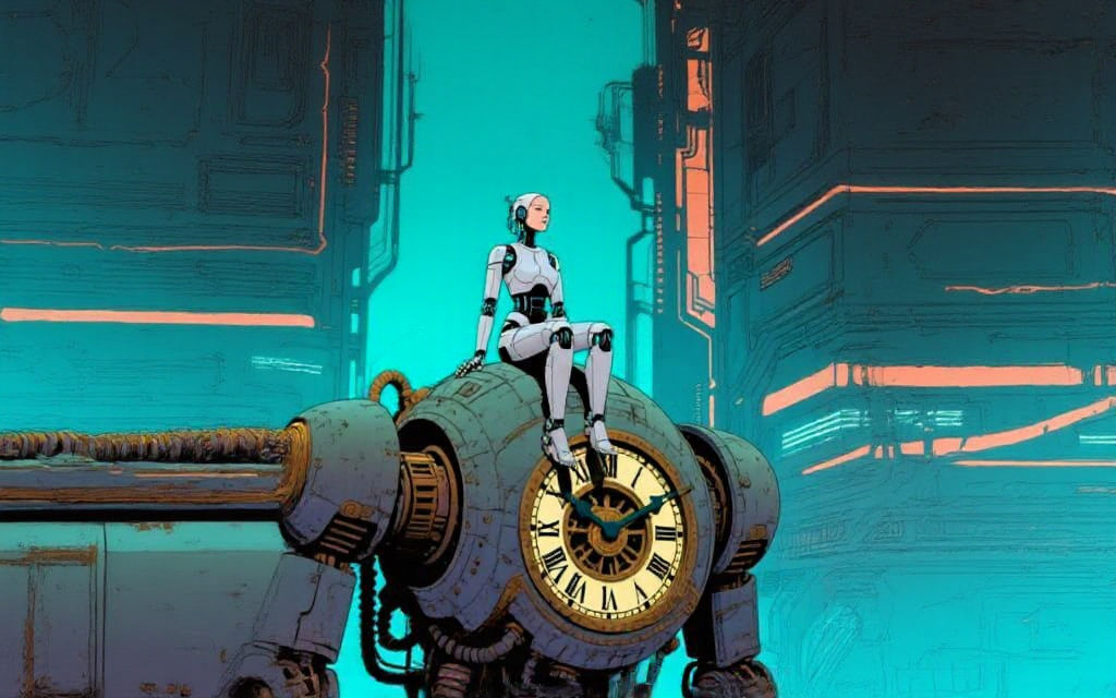 Female Robot on Ancient Clockwork Automaton in Moebius Style