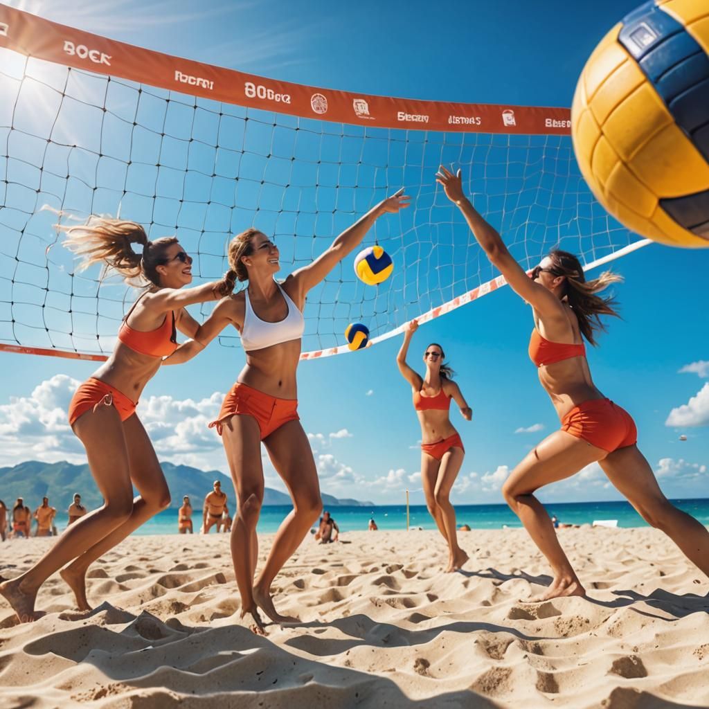 Vibrant Beach Volley Scene in Hyperrealistic Style