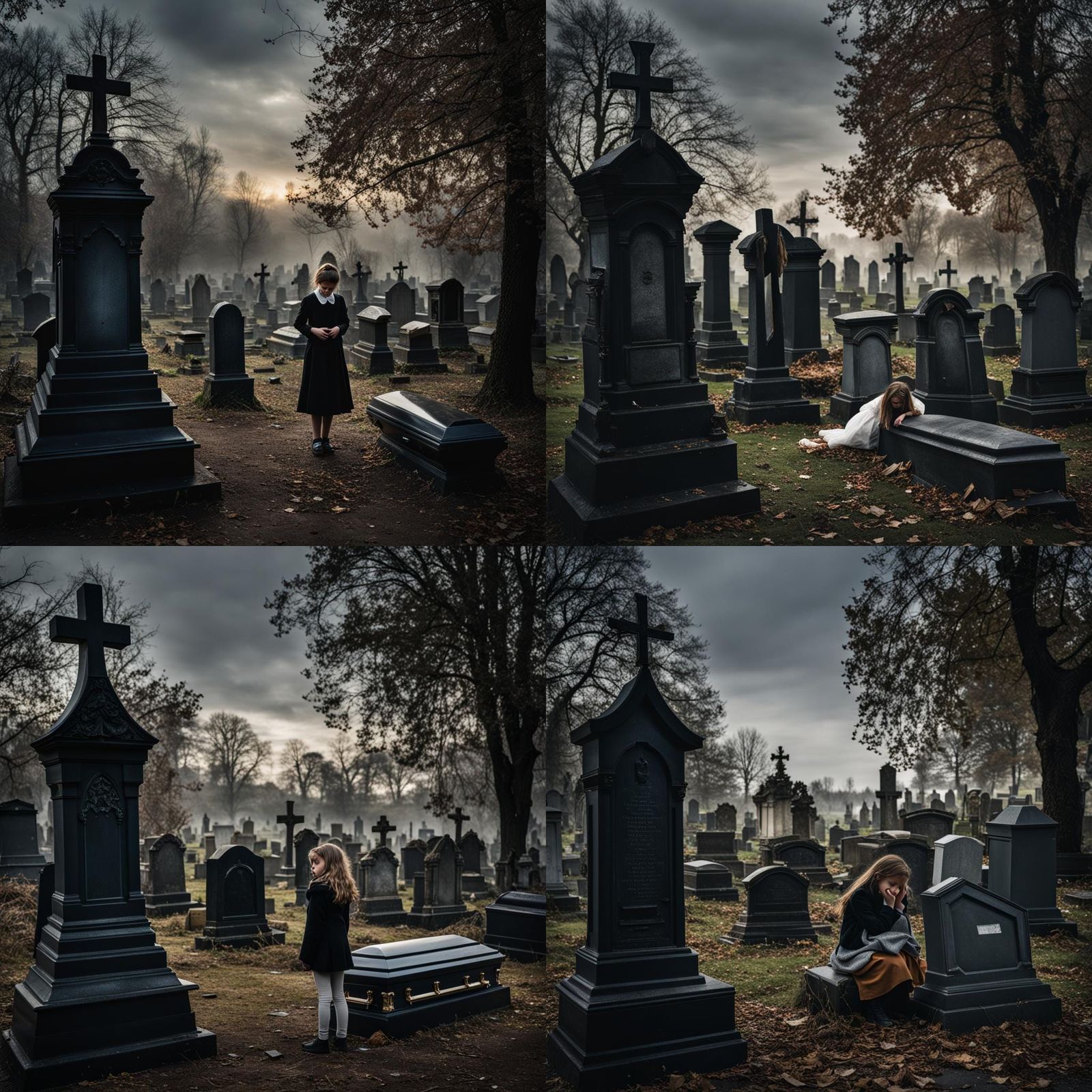 Girl Weeps at Empty Coffin in Graveyard