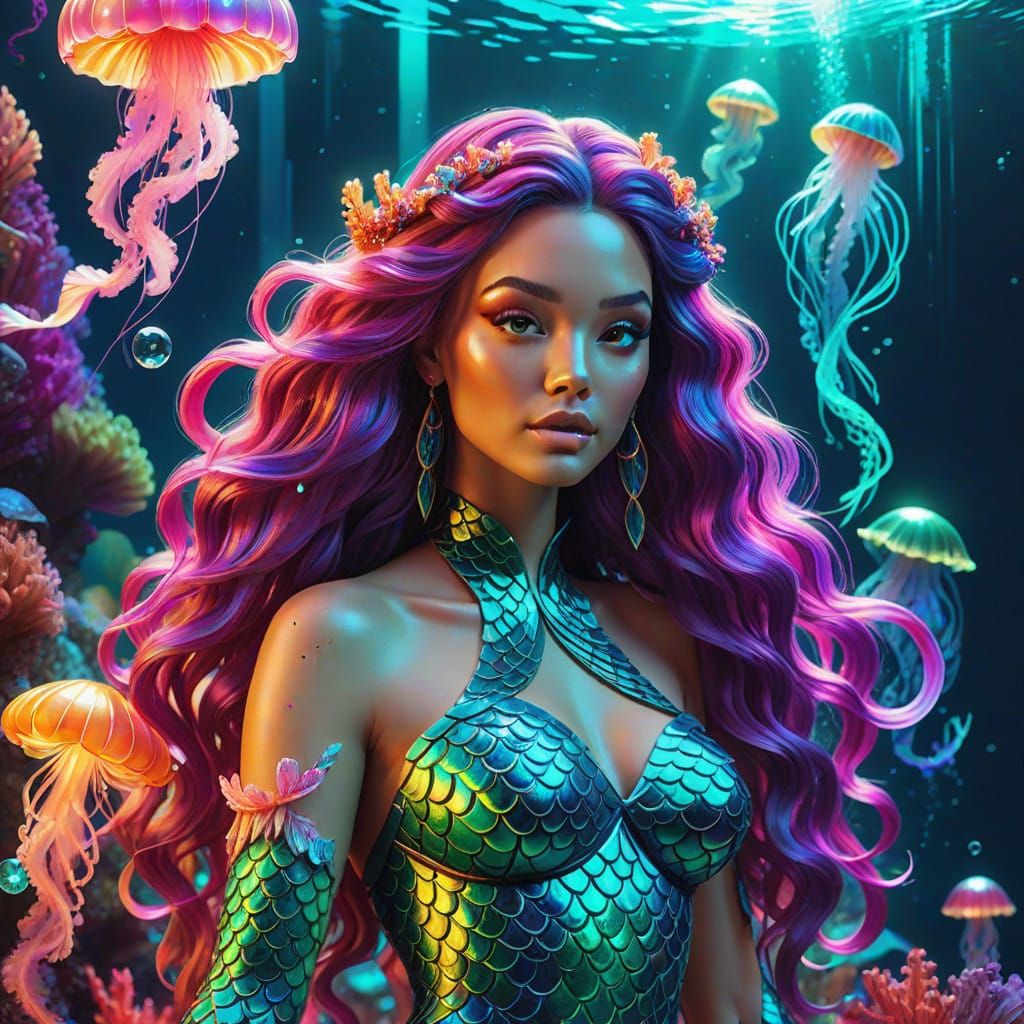 Surreal Mermaid Goddess in Vibrant Neon Dreamscape