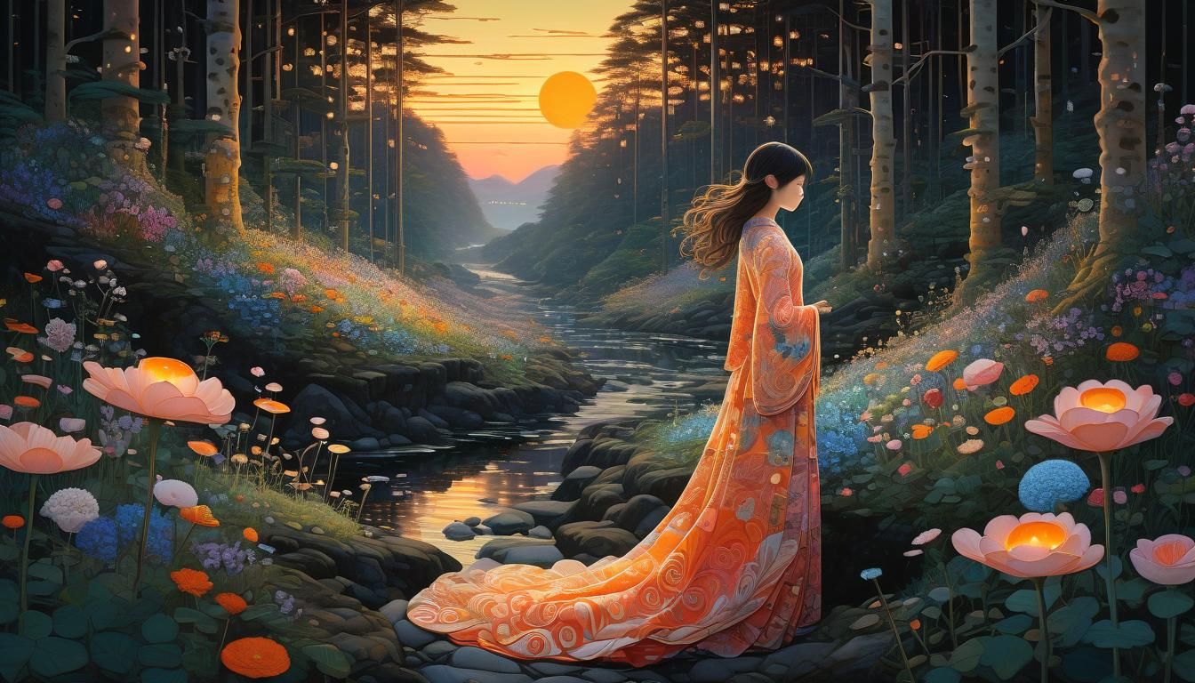 Sunset Woman in Enchanted Flower Forest