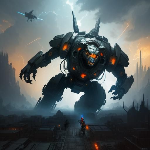 Mecha Tiger vs Velociraptor in Ruined Cityscape