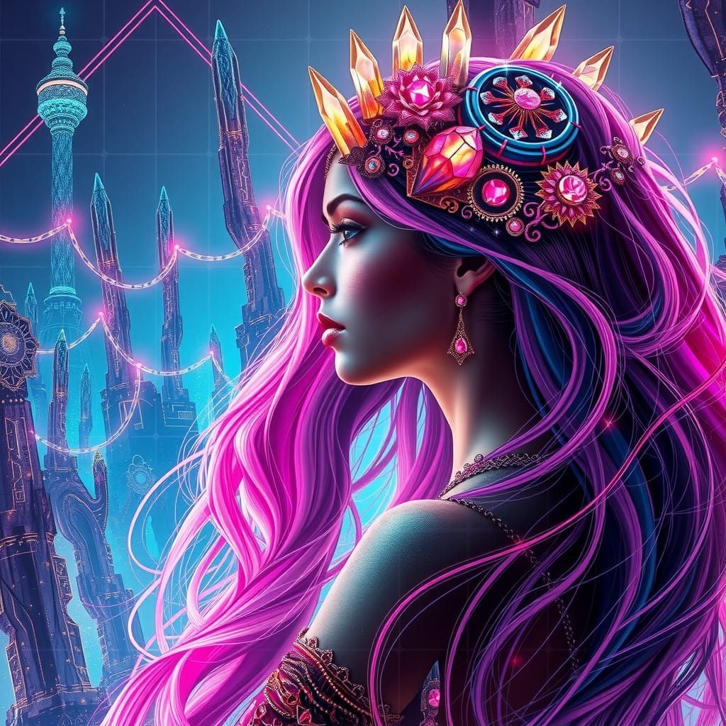 Ethereal Goddess in Cyberpunk Grid Hologram