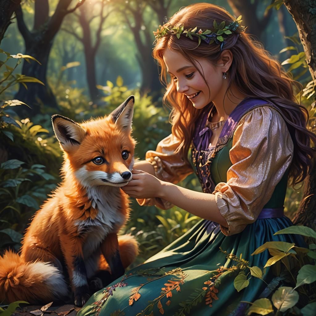 Girl Petting Fox: Digital Matte Painting in 8K