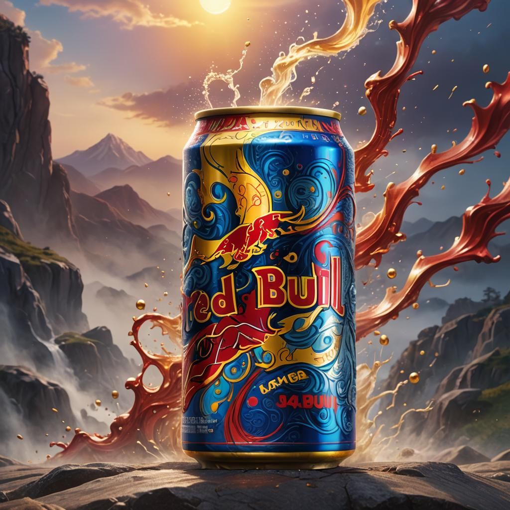 Red Bull Can in Mystical Golden Landscape