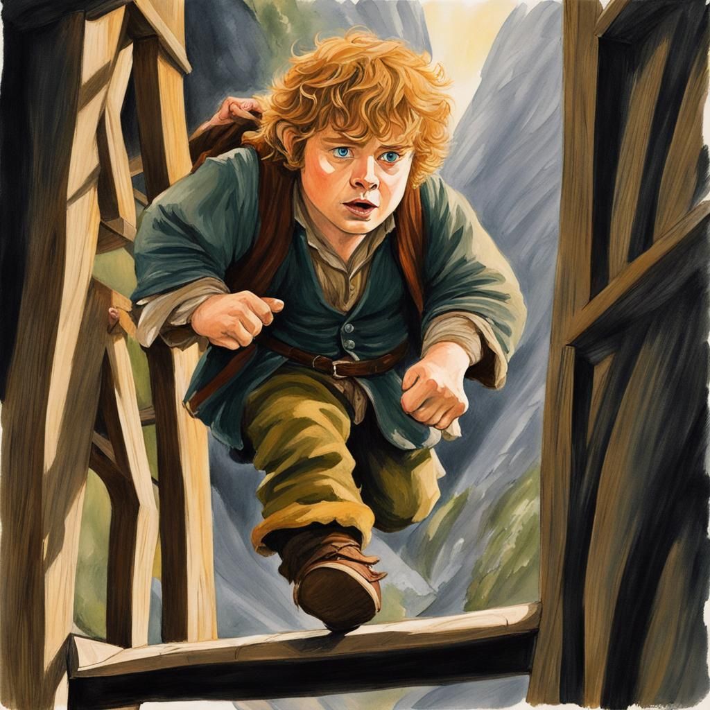 Samwise Gamgee's Furious Ascent: A Gouache Painting
