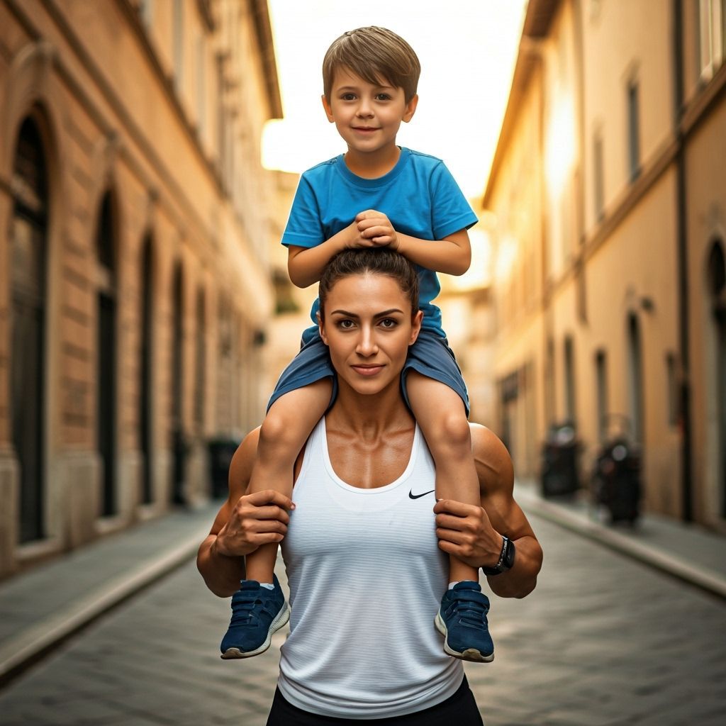 Happy Boy Rides Shoulders of Muscular Italian Woman on City ...