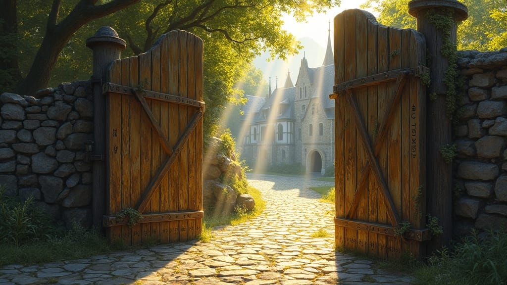 Open Medieval Town Gate with Rune Carvings in Oil Painting S...