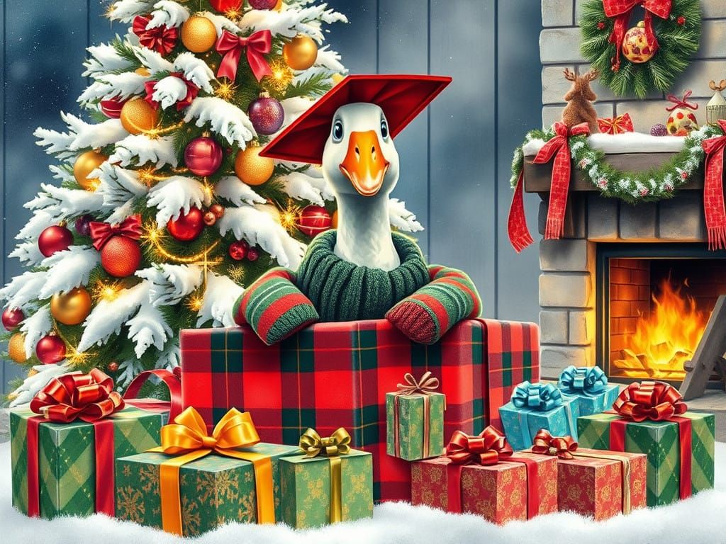 Whimsical Goose in Festive Christmas Wonderland