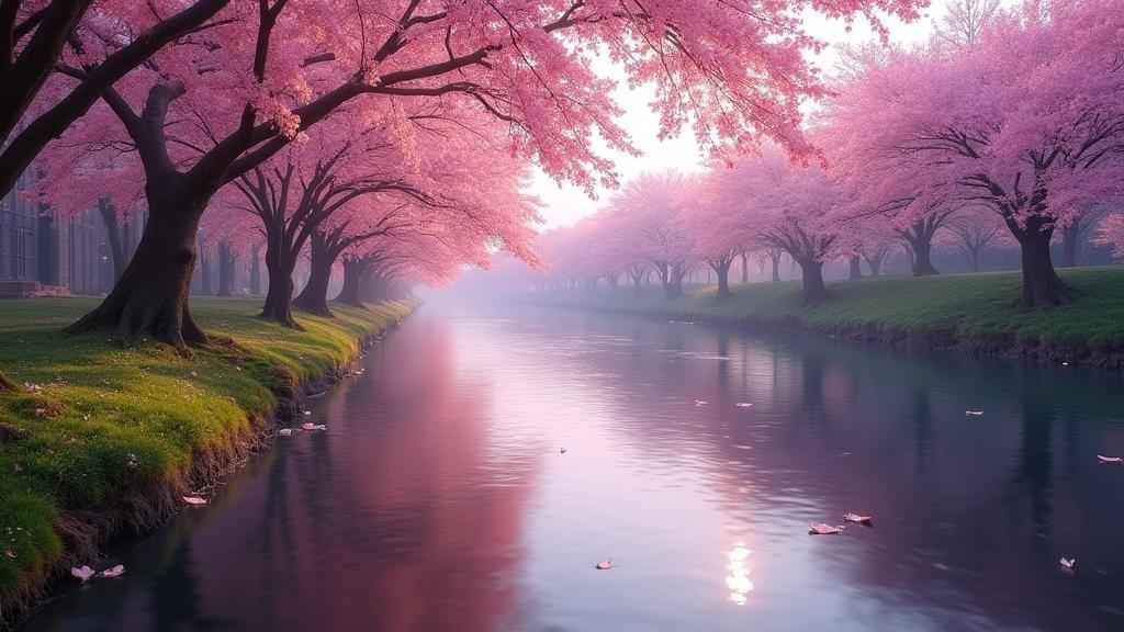 Cherry Blossoms Along the River in HDR