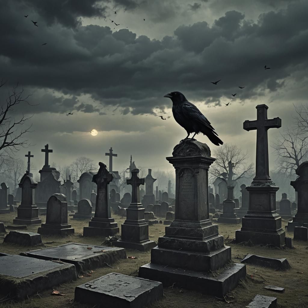 Crow Perched in Graveyard: Gothic Digital Art