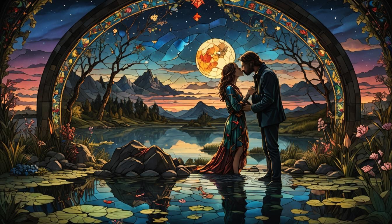 Stained Glass Lovers Kissing in Pond at Night