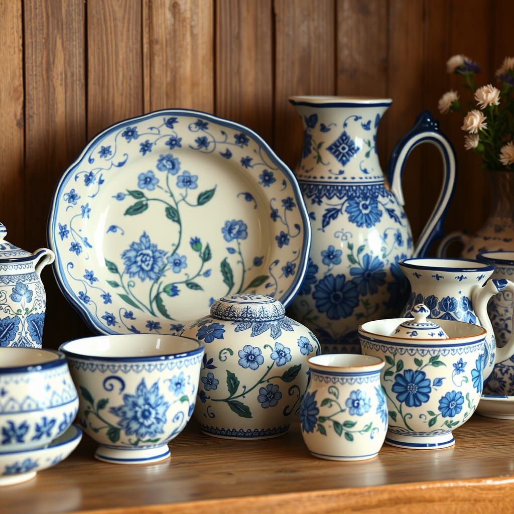 Blue and White Floral Polish Pottery