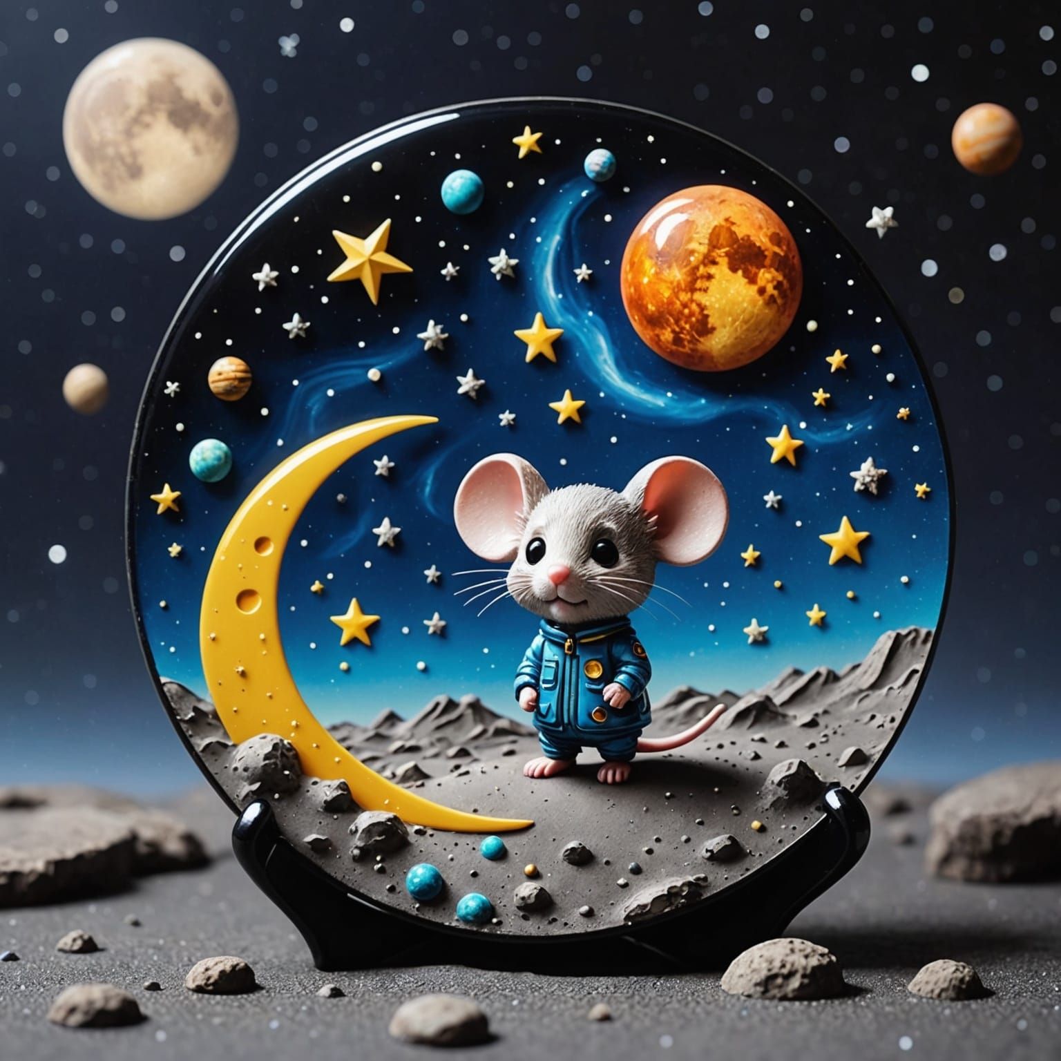 Glass Chibi Mouse on the Moon in Starry Night