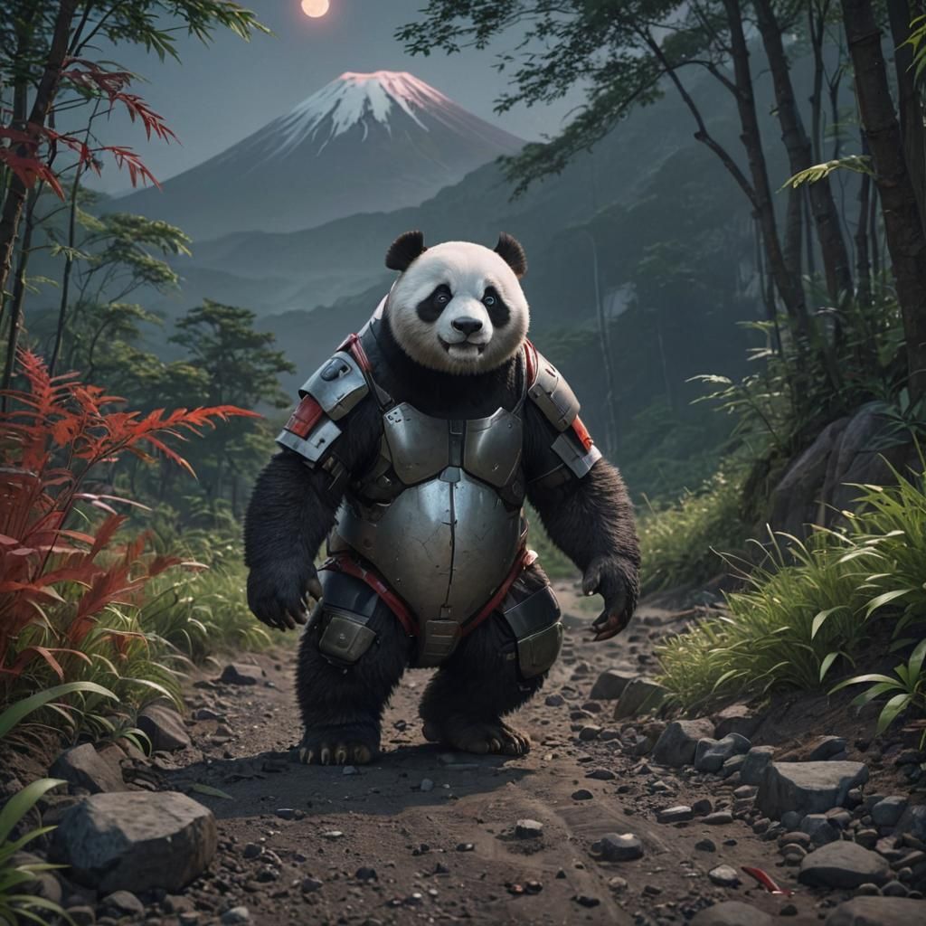 Giant Panda Mech on Mt. Fuji: Sci-Fi Illustration