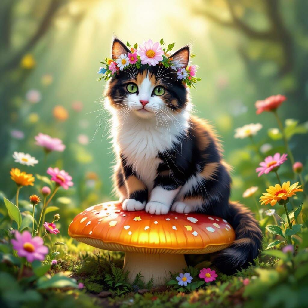 Calico Cat in Fairy Garden with Mushroom