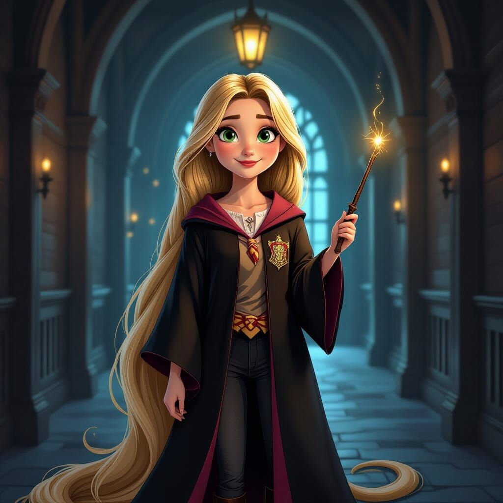 Rapunzel in Slytherin Robes at Hogwarts