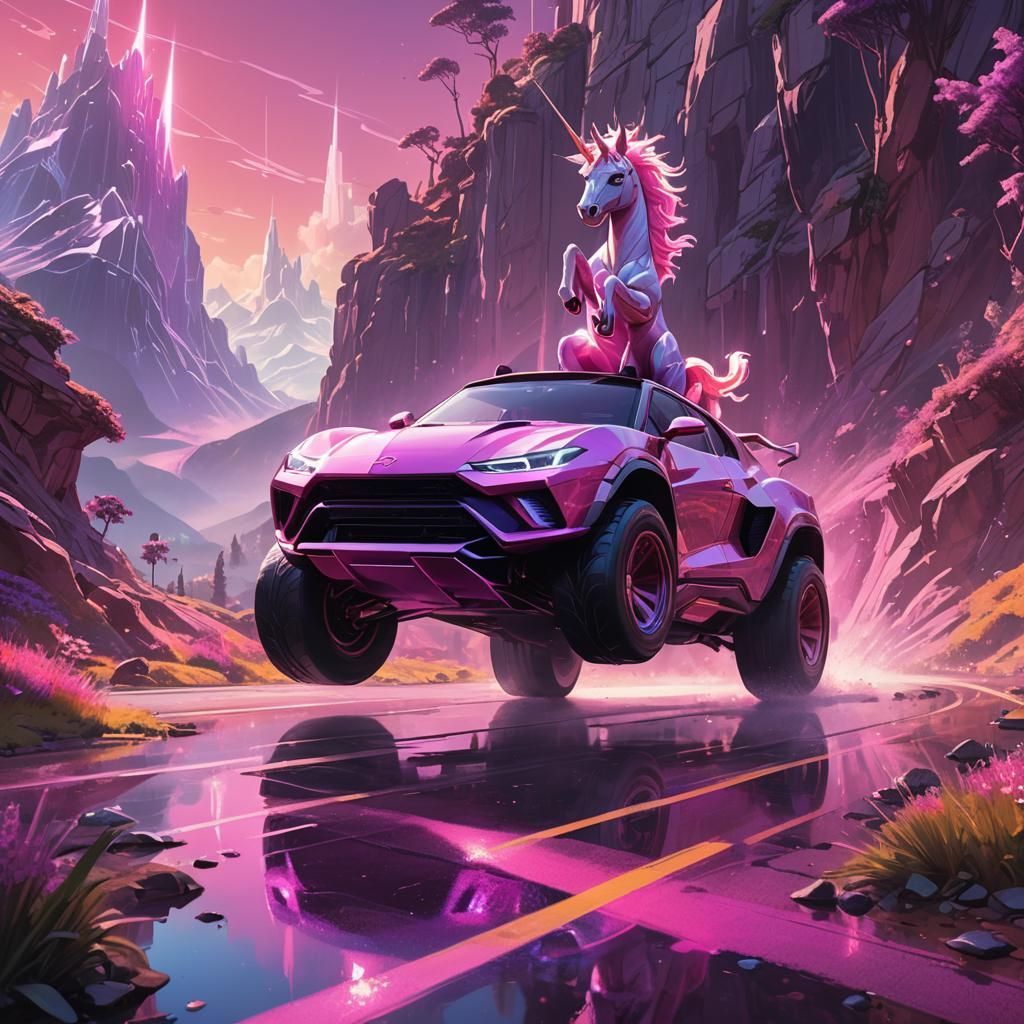 Futuristic Unicorn Car on Fairy Highway: Hyperrealistic Conc...