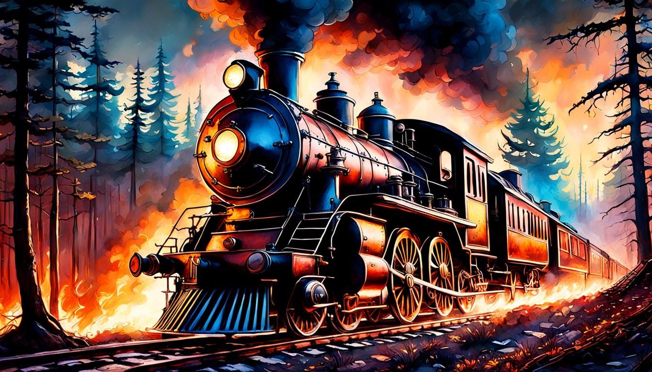Steampunk Train Forest Fire at Night