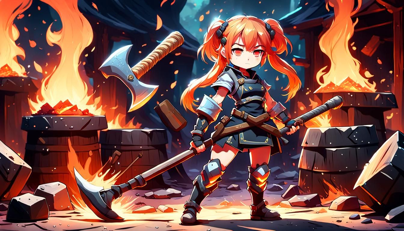 Anime Blacksmith with Battle Axe in Fiery Forge