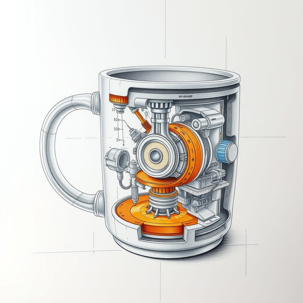 Futuristic Coffee Mug: Engineering Schematic in Da Vinci Sty...