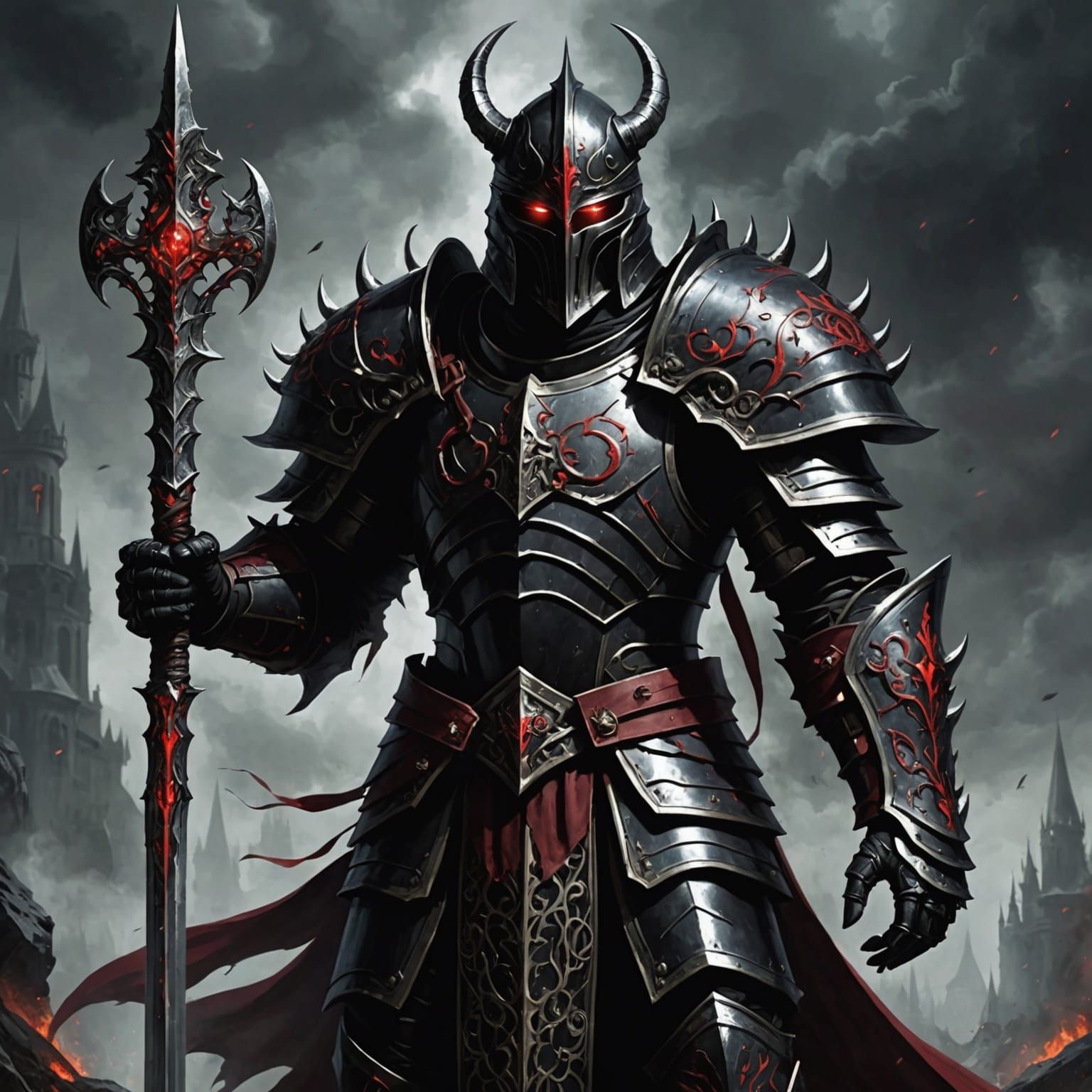 Imposing Armored Figure with Shadowy Helm in 3D Anime Style